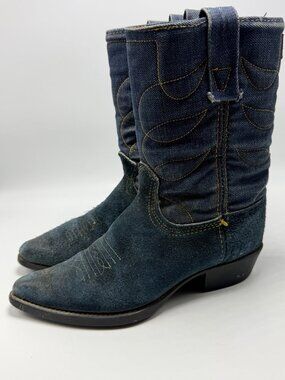 VINTAGE Acme kids Denim Western Boots Blue Suede Size 13 Made In USA